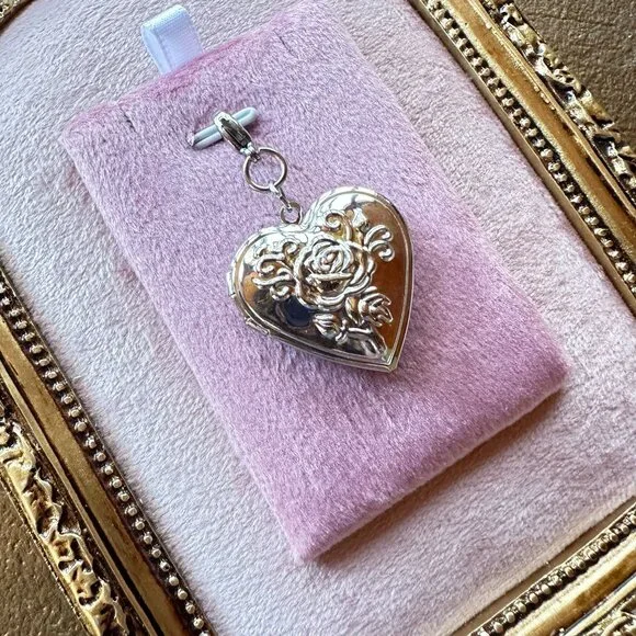 Heart Locket Charm Pendant With Floral Design In Stainless Steel Lobster Clasp - Picture 1 of 16